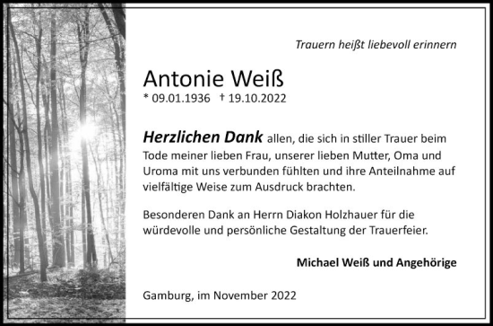 Traueranzeige von Antonie Weiß von Fränkische Nachrichten