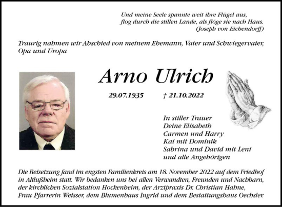 Traueranzeige von Arno Ulrich von Schwetzinger Zeitung