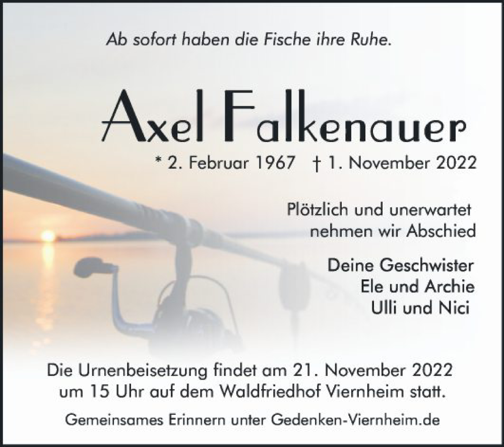  Traueranzeige für Axel Falkenauer vom 18.11.2022 aus Mannheimer Morgen