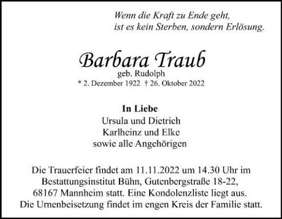 Traueranzeige von Barbara Traub von Mannheimer Morgen