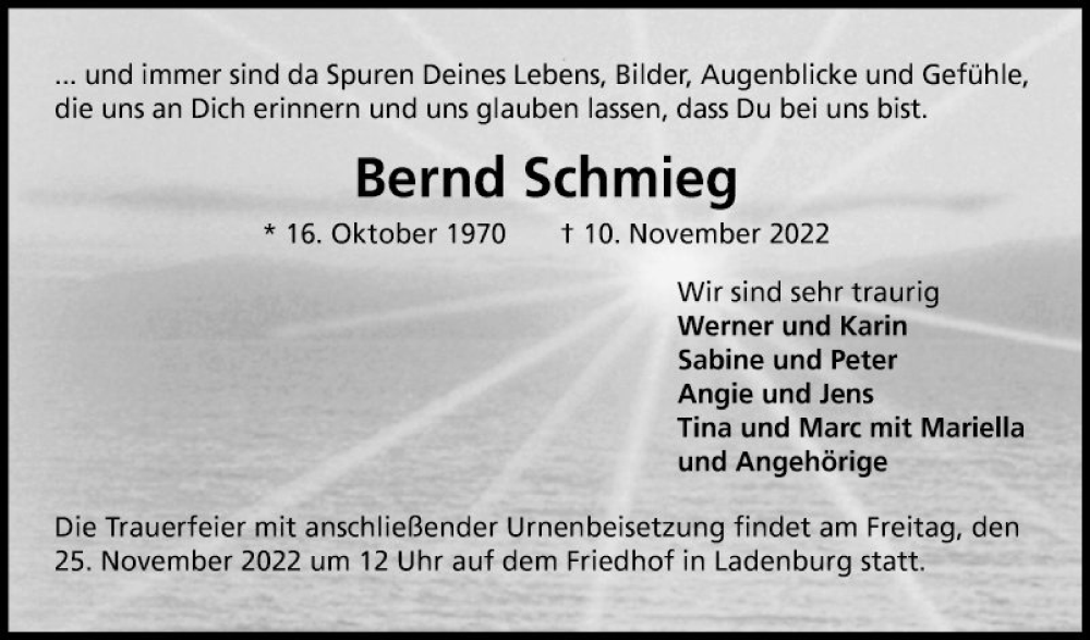  Traueranzeige für Bernd Schmieg vom 19.11.2022 aus Mannheimer Morgen