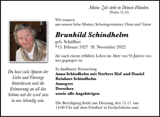 Traueranzeige von Brunhild Schindhelm von Fränkische Nachrichten