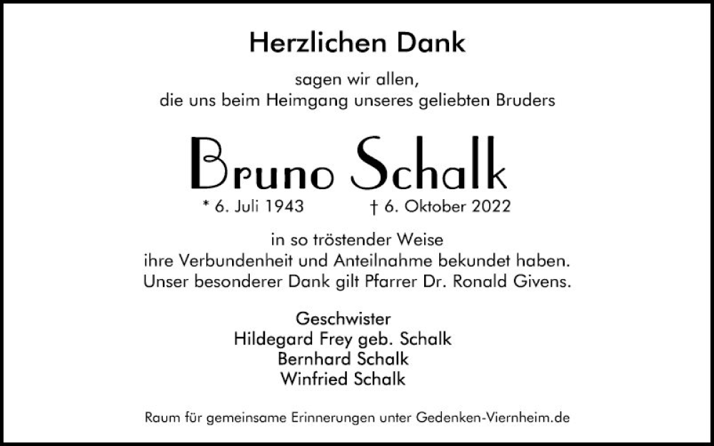  Traueranzeige für Bruno Schalk vom 05.11.2022 aus Mannheimer Morgen