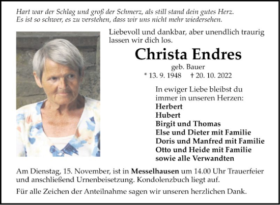 Traueranzeige von Christa Endres von Fränkische Nachrichten