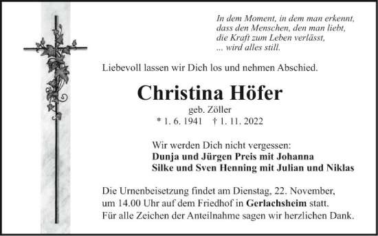 Traueranzeige von Christina Höfer von Fränkische Nachrichten