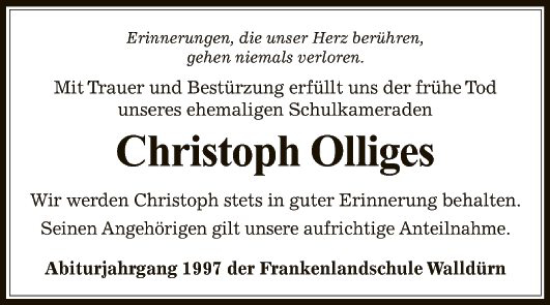 Traueranzeige von Christoph Olliges von Fränkische Nachrichten