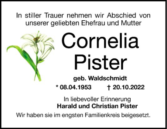 Traueranzeige von Cornelia Pister von Mannheimer Morgen