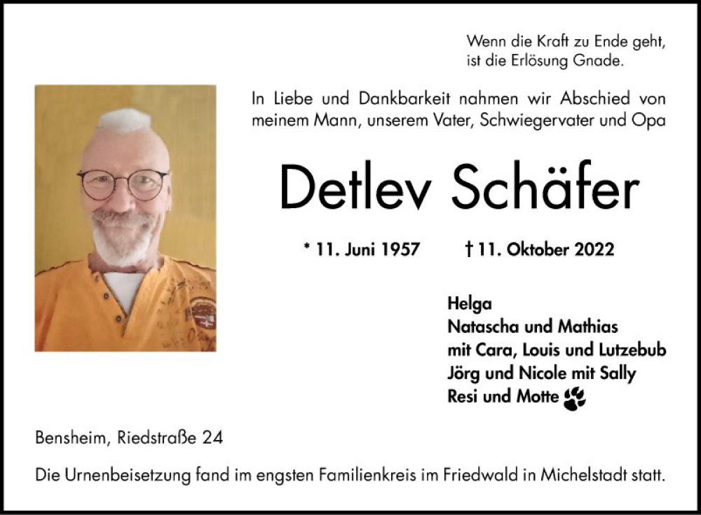  Traueranzeige für Detlev Schäfer vom 19.11.2022 aus Bergsträßer Anzeiger