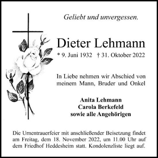 Traueranzeige von Dieter Lehmann von Mannheimer Morgen