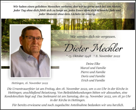 Traueranzeige von Dieter Mechler von Fränkische Nachrichten