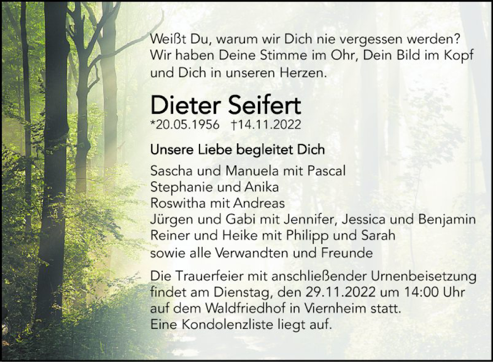 Traueranzeige für Dieter Seifert vom 26.11.2022 aus Mannheimer Morgen