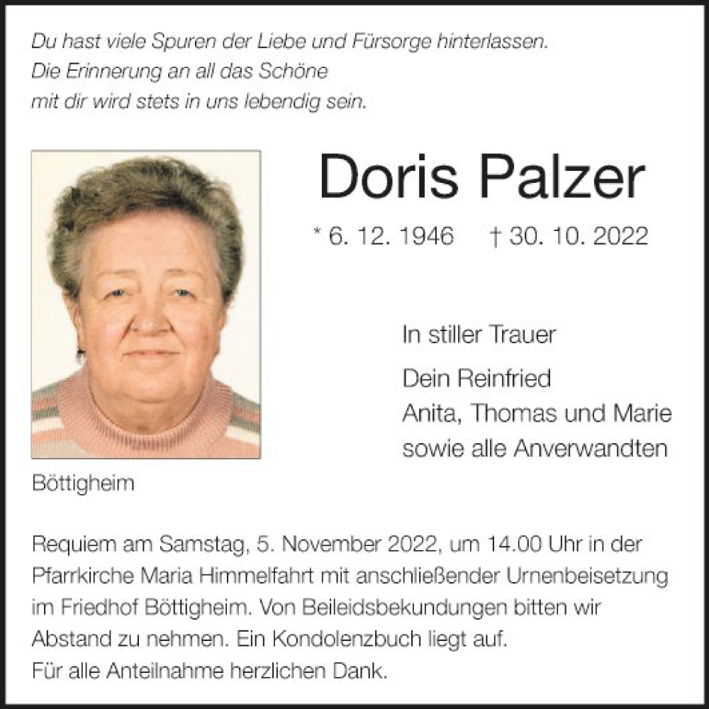  Traueranzeige für Doris Palzer vom 04.11.2022 aus Fränkische Nachrichten