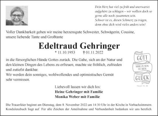 Traueranzeige von Edeltraud Gehringer von Fränkische Nachrichten