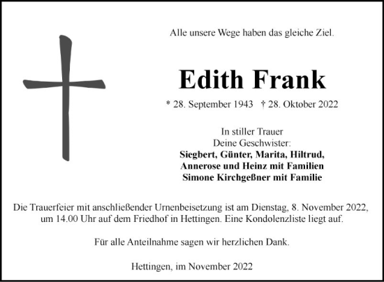 Traueranzeige von Edith Frank von Fränkische Nachrichten