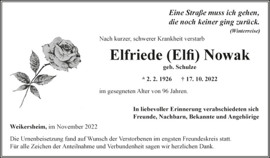 Traueranzeige von Elfriede Nowak von Fränkische Nachrichten