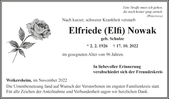 Traueranzeige von Elfriede Nowak von Fränkische Nachrichten