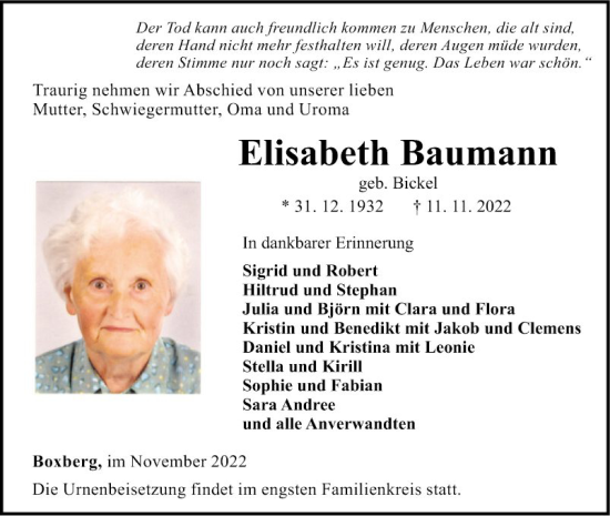 Traueranzeige von Elisabeth Baumann von Fränkische Nachrichten