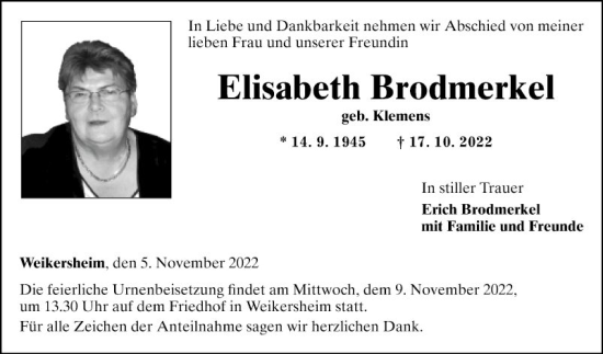 Traueranzeige von Elisabeth Brodmerkel von Fränkische Nachrichten