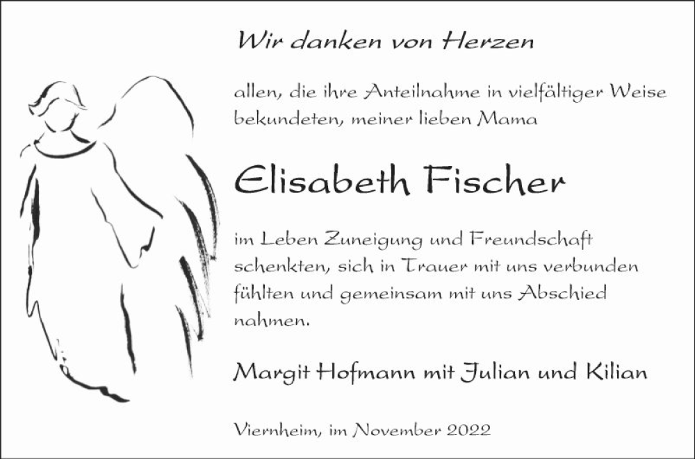  Traueranzeige für Elisabeth Fischer vom 12.11.2022 aus Mannheimer Morgen