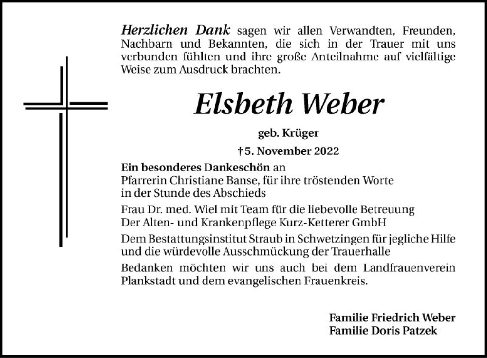  Traueranzeige für Elsbeth Weber vom 26.11.2022 aus Schwetzinger Zeitung