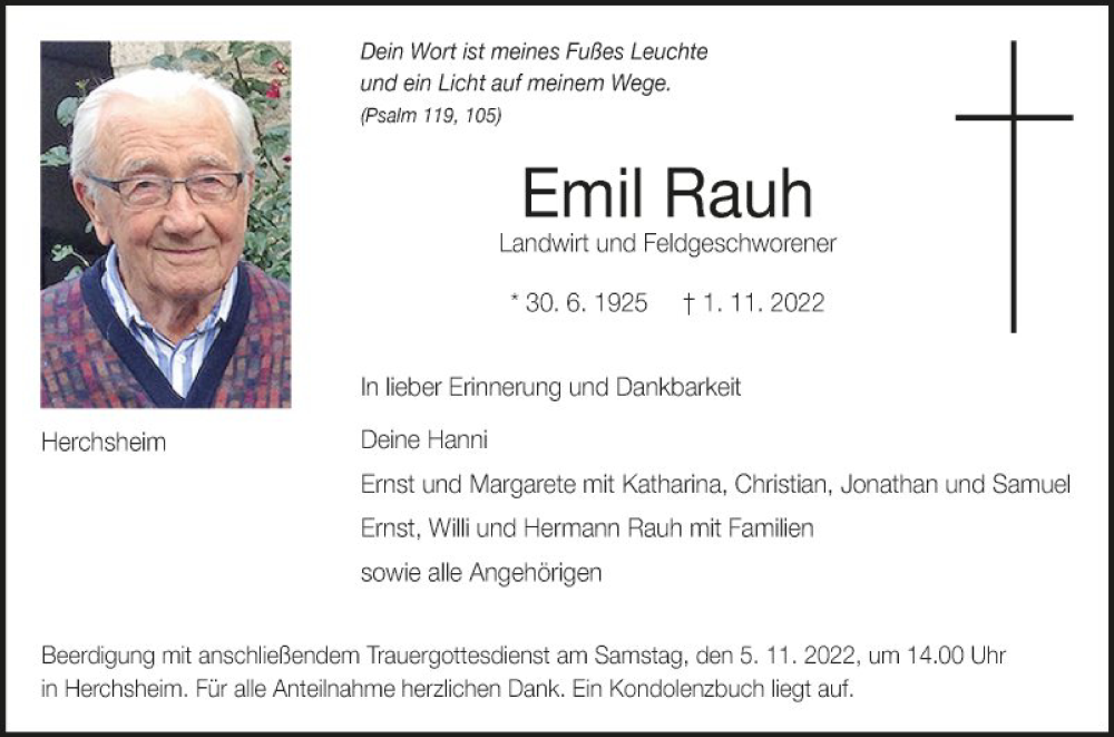  Traueranzeige für Emil Rauh vom 04.11.2022 aus Fränkische Nachrichten