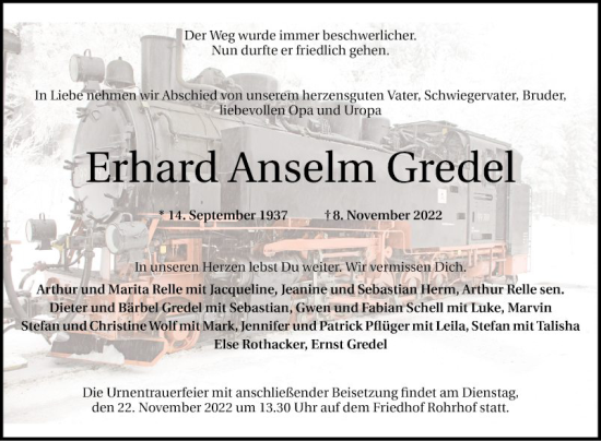 Traueranzeige von Erhard Anselm Gredel von Schwetzinger Zeitung