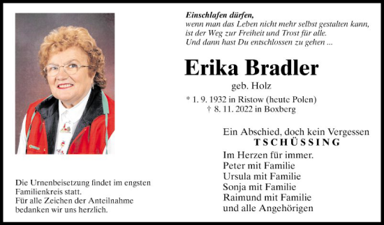 Traueranzeige von Erika Bradler von Fränkische Nachrichten