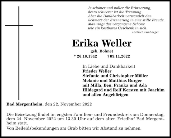 Traueranzeige von Erika Weller von Fränkische Nachrichten