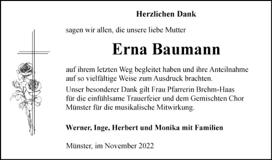 Traueranzeige von Erna Baumann von Fränkische Nachrichten