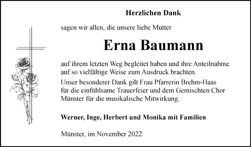  Traueranzeige für Erna Baumann vom 25.11.2022 aus Fränkische Nachrichten
