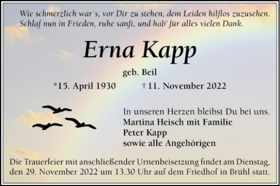 Traueranzeige von Erna Kapp von Schwetzinger Zeitung