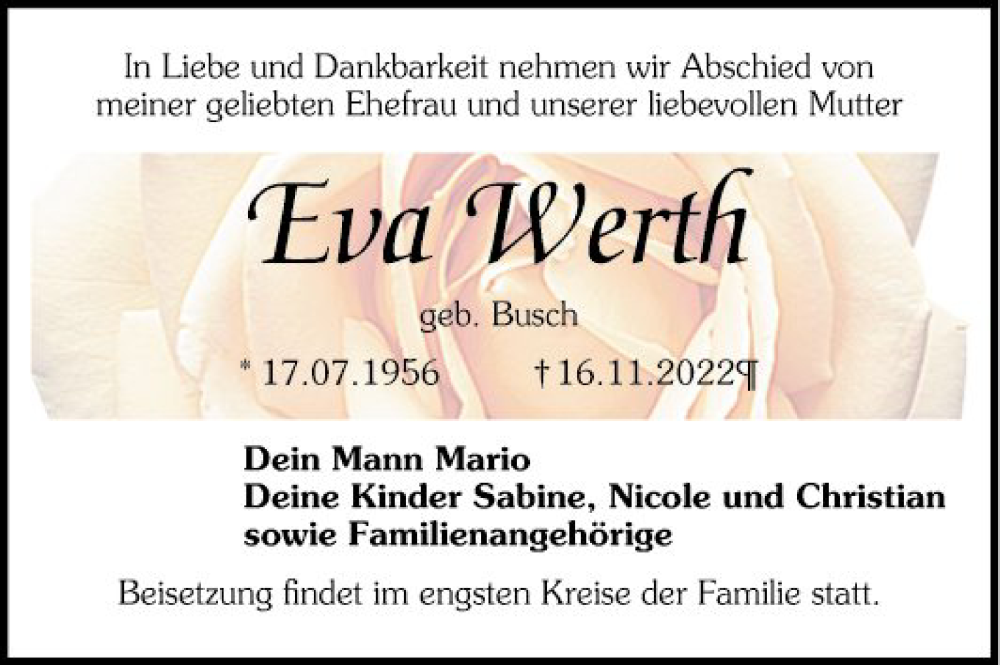  Traueranzeige für Eva Werth vom 19.11.2022 aus Mannheimer Morgen