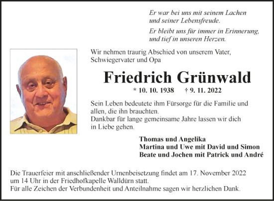 Traueranzeige von Friedrich Grünwald von Fränkische Nachrichten