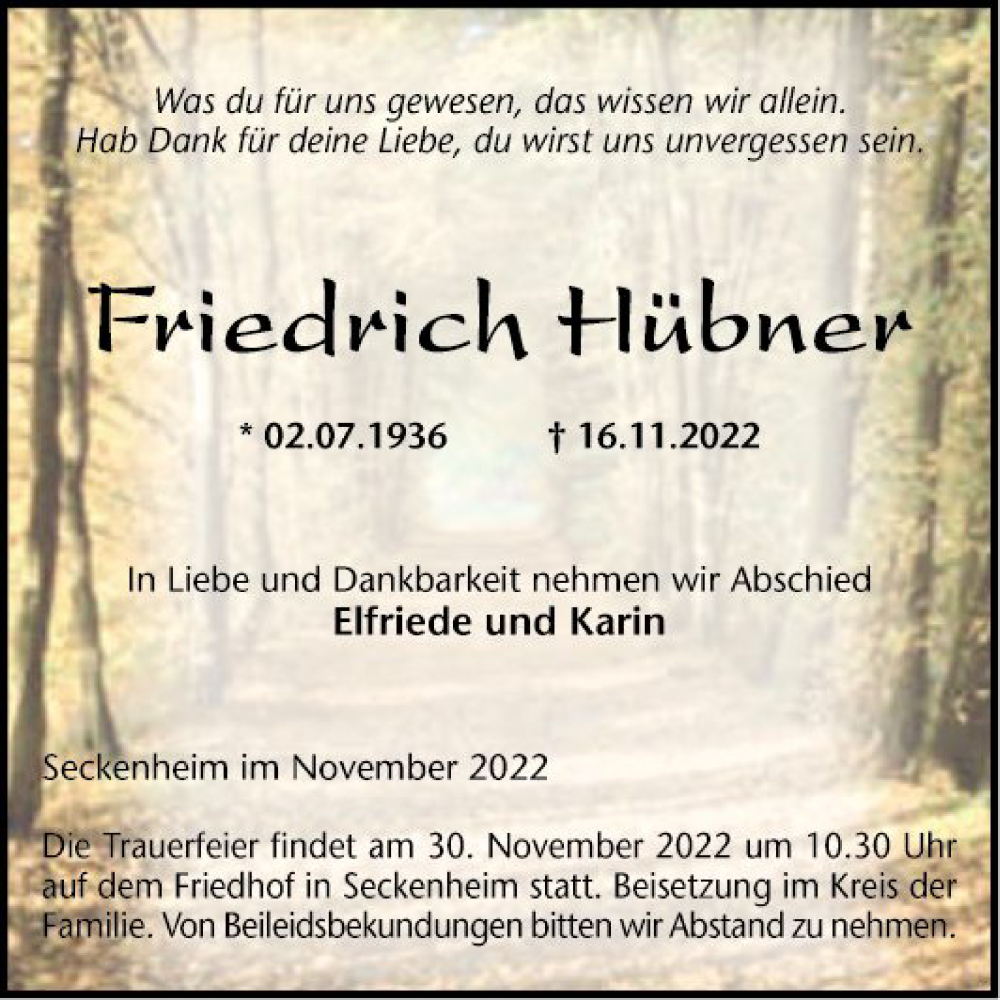  Traueranzeige für Friedrich Hübner vom 19.11.2022 aus Mannheimer Morgen