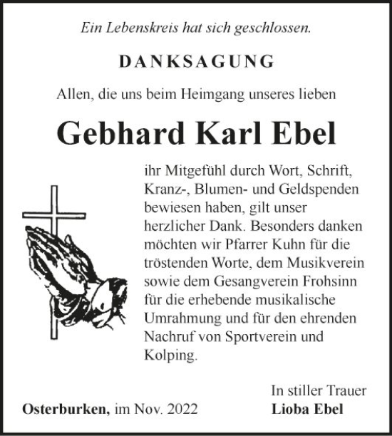 Traueranzeige von Gebhard Karl Ebel von Fränkische Nachrichten