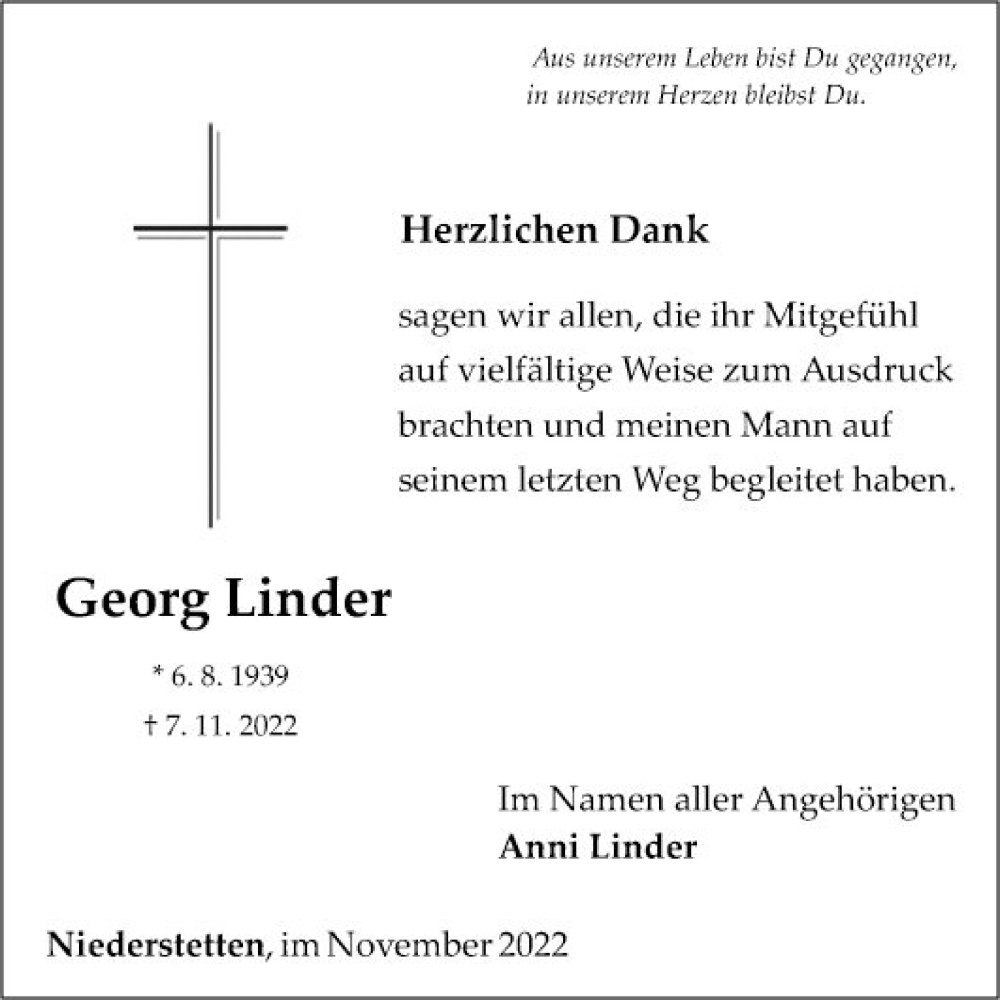  Traueranzeige für Georg Linder vom 30.11.2022 aus Fränkische Nachrichten