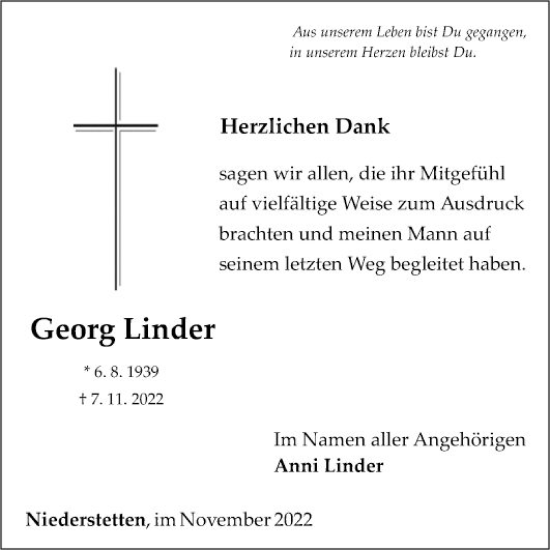 Traueranzeige von Georg Linder von Fränkische Nachrichten