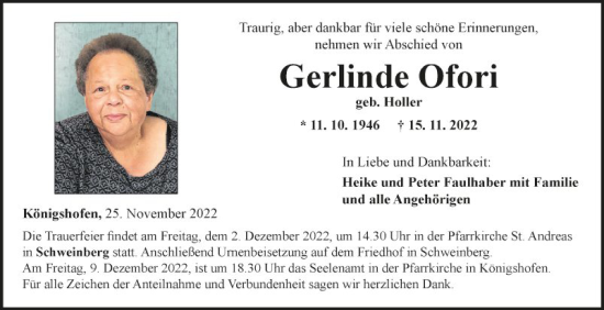 Traueranzeige von Gerlinde Ofori von Fränkische Nachrichten