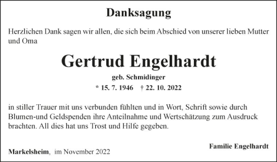 Traueranzeige von Gertrud Engelhardt von Fränkische Nachrichten