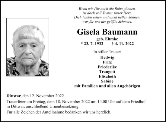 Traueranzeige von Gisela Baumann von Fränkische Nachrichten