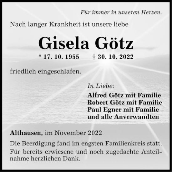 Traueranzeige von Gisela Götz von Fränkische Nachrichten