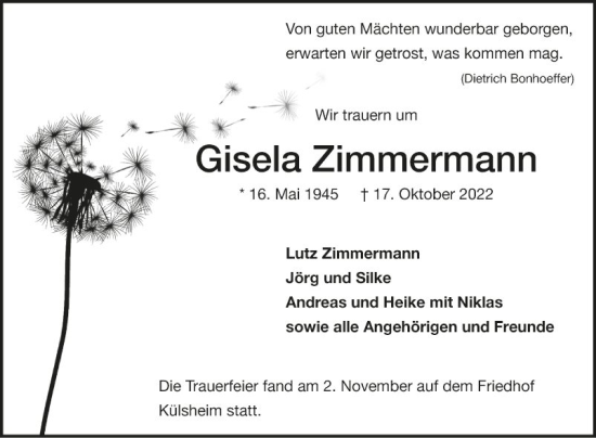 Traueranzeige von Gisela Zimmermann von Fränkische Nachrichten