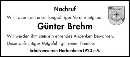 Traueranzeige von Günter Brehm von Schwetzinger Zeitung