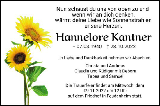 Traueranzeige von Hannelore Kantner von Mannheimer Morgen