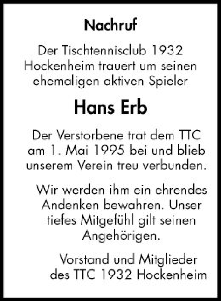  Traueranzeige für Hans Erb vom 09.11.2022 aus Schwetzinger Zeitung