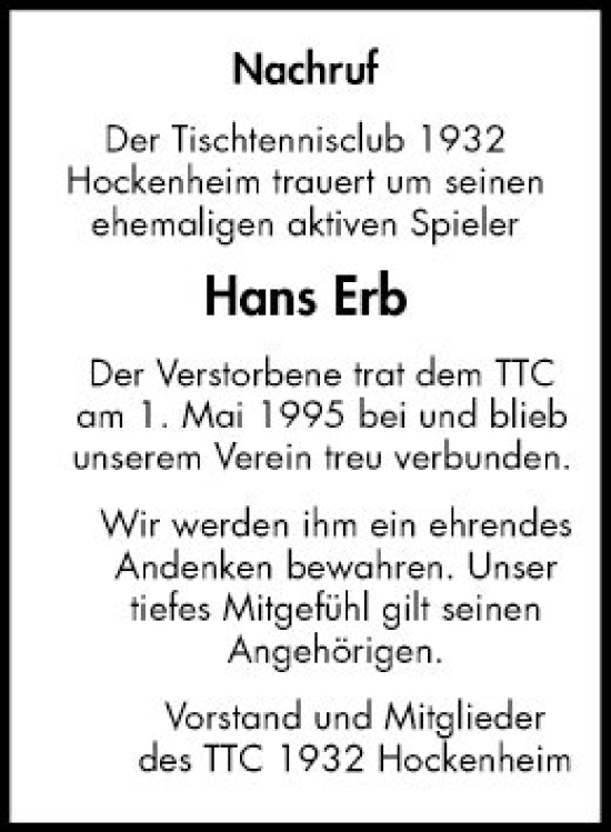 Traueranzeige von Hans Erb von Schwetzinger Zeitung