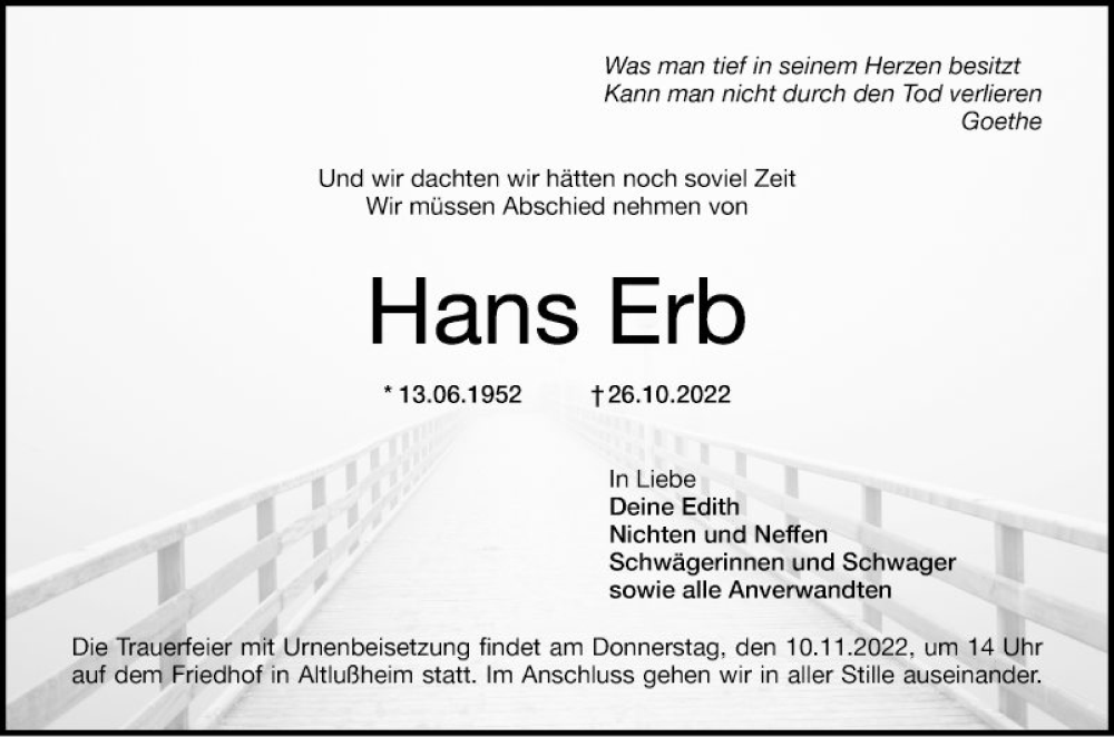  Traueranzeige für Hans Erb vom 05.11.2022 aus Schwetzinger Zeitung