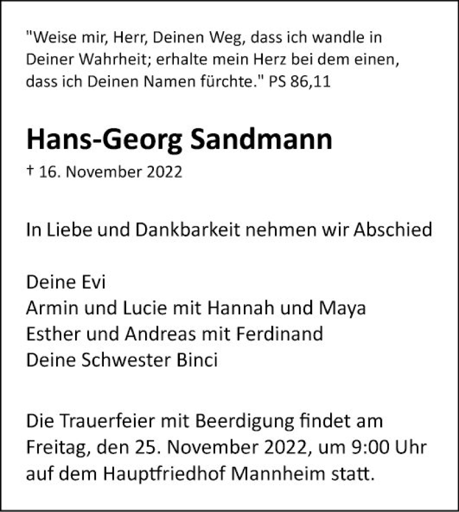  Traueranzeige für Hans-Georg Sandmann vom 19.11.2022 aus Mannheimer Morgen