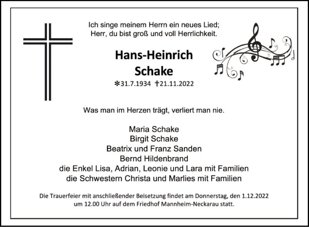  Traueranzeige für Hans-Heinrich Schake vom 26.11.2022 aus Mannheimer Morgen