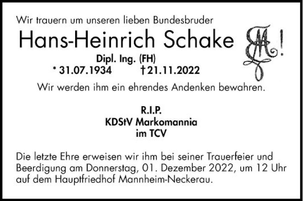  Traueranzeige für Hans-Heinrich Schake vom 24.11.2022 aus Mannheimer Morgen